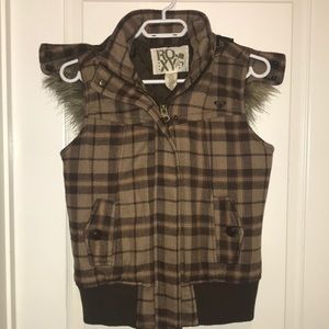 Roxy Brown Plaid Faux Hooded Fur Vest
